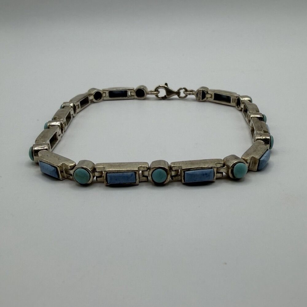 925 Sterling Silver Turquoise Blue Stone Link Bracelet 8" 13.2g